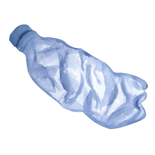 Plastikowe śmieci Jednorazowa niebieska przezroczysta butelka zgniotu Handdrawn ilustracja akwarela na białym tle