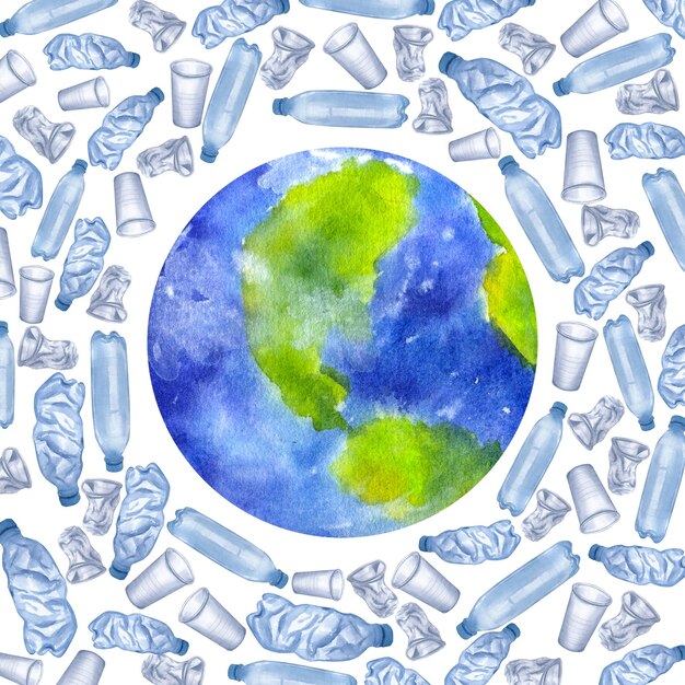 Zdjęcie plastikowe śmieci wokół planety ziemia jednorazowe niebieskie butelki akwarela ilustracja na białym tle