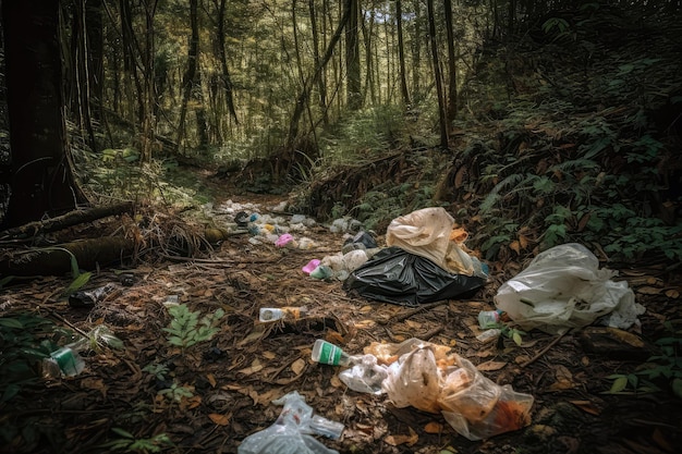 Plastikowe torby i śmieci rozrzucone po dnie lasu Generacyjna sztuczna inteligencja