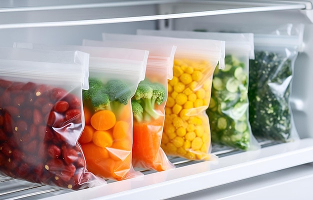 Plastikowe worki z głęboko mrożonymi warzywami na białych półkach w