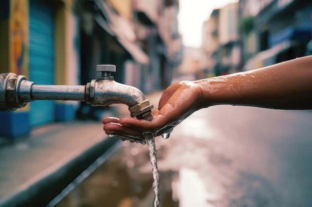 Plastikowy kran na ulicy z wodą wlewającą się do dłoni Zbliżenie koncepcja gospodarki wodnej Generative AI