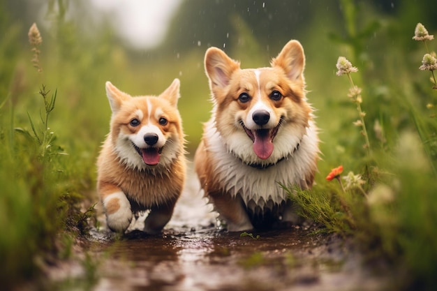 Płaszczowi przyjaciele czerwony kot i pies corgi chodzący po letniej łące pod kropelami ciepłego deszczu