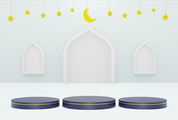 Platforma 3d z niebieską gwiazdą tła i półksiężycem biały kolor ramadan kareem eid i islamski