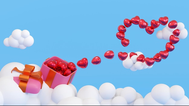 Platforma promocyjna chmura niebo z pudełkiem na prezenty i makieta w kształcie serca na sezon walentynkowy lub rocznicowy renderowania 3D