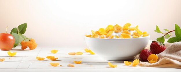 Zdjęcie płatki kukurydziane z mlekiem lub jogurtem w misce z owocami panorama generative ai