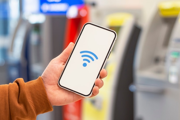 Płatności online. Wyświetlacz telefonu z ikoną wi-fi na tle bankomatu