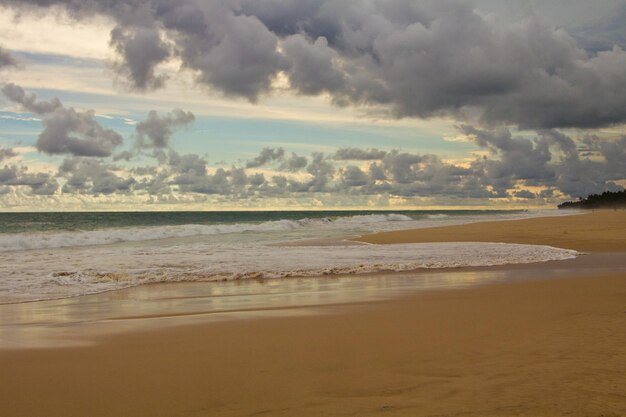 Plaża Habaraduwa na południe od Sri Lanki. Falisty ocean i pochmurne niebo