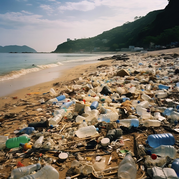 Plaża jest pokryta plastikowymi śmieciami Zanieczyszczenie plastikiem na plaży morskiej