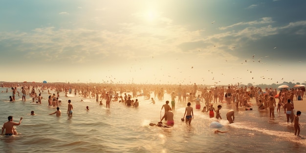 Plaża jest przepełniona ludźmi i znalezienie wygodnego miejsca na relaks stanowi wyzwanie. AI Generative AI