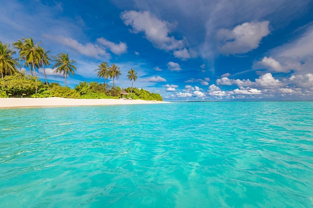Plaża na Malediwach. Tropikalny krajobraz letniej scenerii, biały piasek z palmami. Luksus