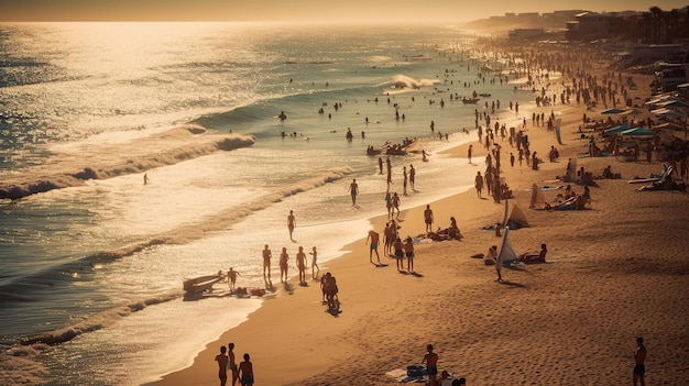 Plaża o zachodzie słońca z ludźmi na piasku i zachodzącym słońcem.