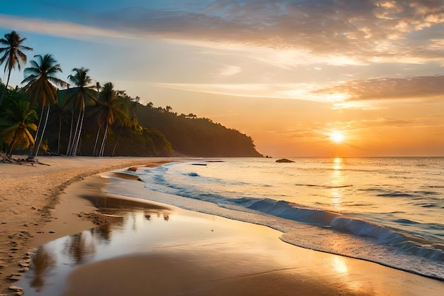 Plaża o zachodzie słońca z palmami i zachodem słońca w kostaryce