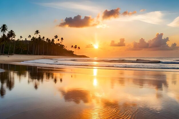 Plaża o zachodzie słońca z palmami i zachodem słońca w tle
