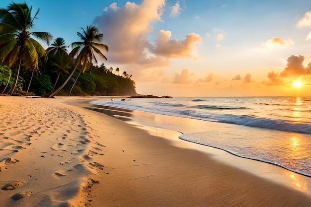 Plaża o zachodzie słońca z palmami i zachodem słońca