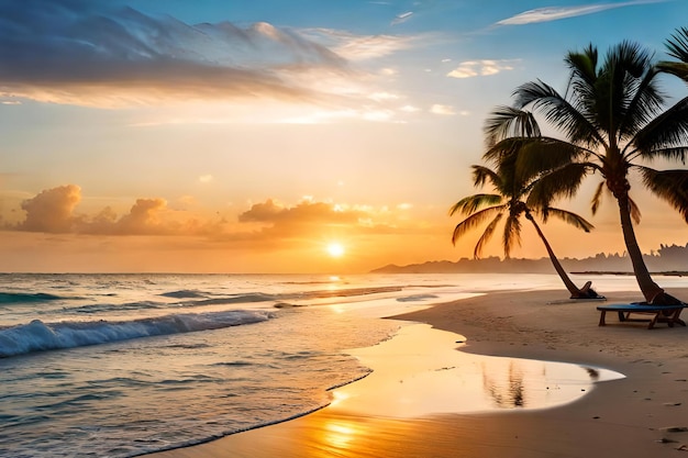 Plaża o zachodzie słońca z palmami i zachodzącym za nią słońcem