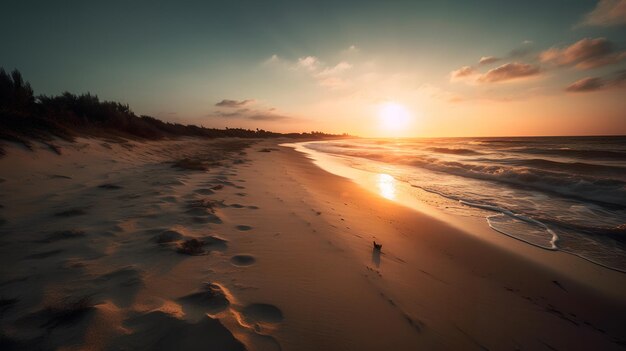 Plaża o zachodzie słońca z ptakiem na piasku