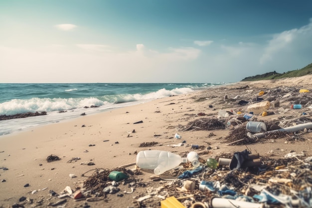 plaża pełna śmieci i plastikowych odpadów jako szeroki baner generowany przez AI