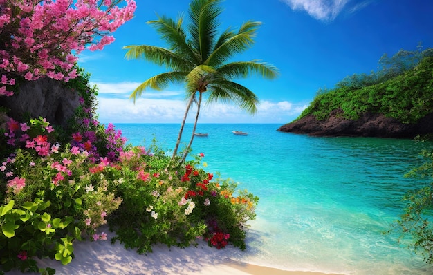 Zdjęcie plaża tropikalny ogród z wodą i kwiatami
