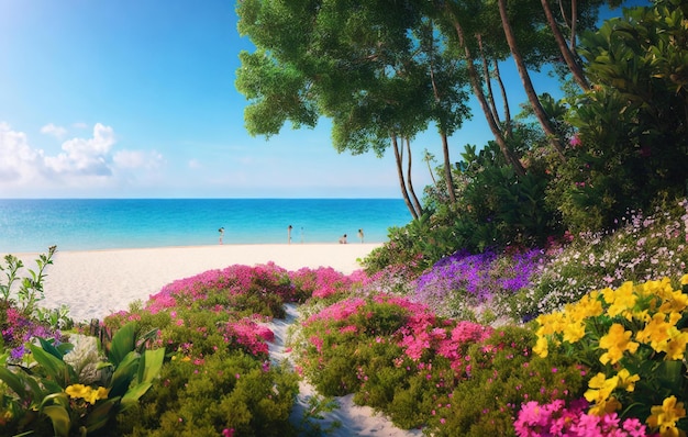 plaża tropikalny ogród z wodą i kwiatami
