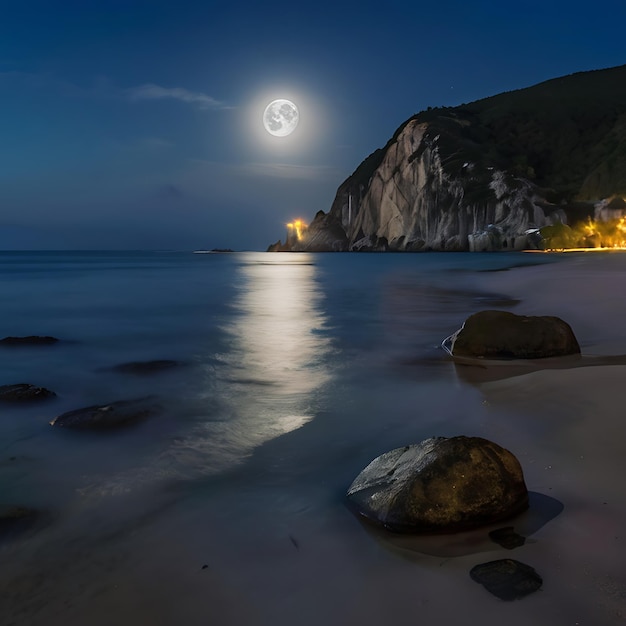 Zdjęcie plaża w nocy z pełnią księżyca góry i dużej skały w wodzie generowane przez ai