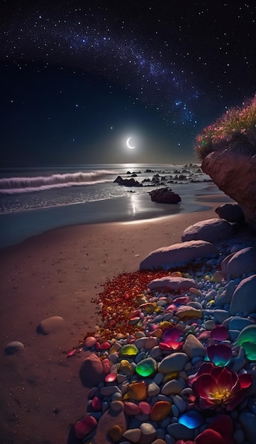 Plaża w nocy z pełnią księżyca na niebie generatywnym ai