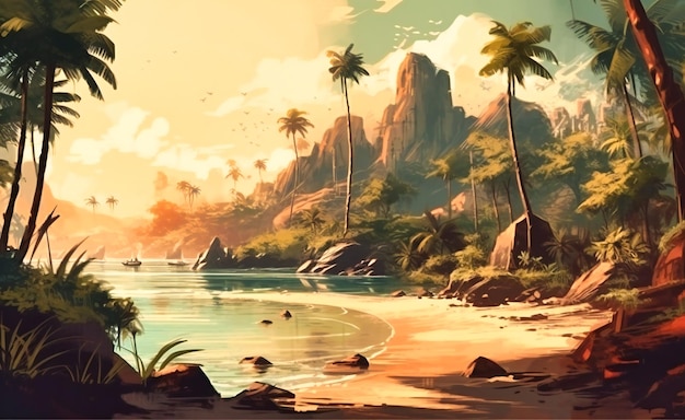 Plaża w słońcu z palmami nad wodą