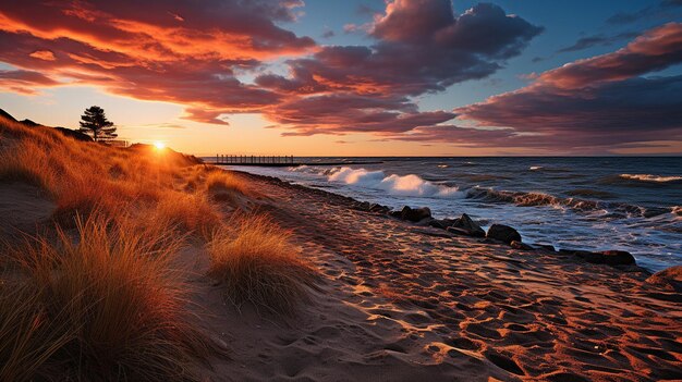 Plaża wydm przy zachodzie słońca