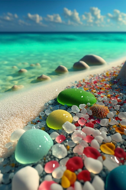 Plaża wypełniona mnóstwem kolorowych skał i kamyków generatywnych ai
