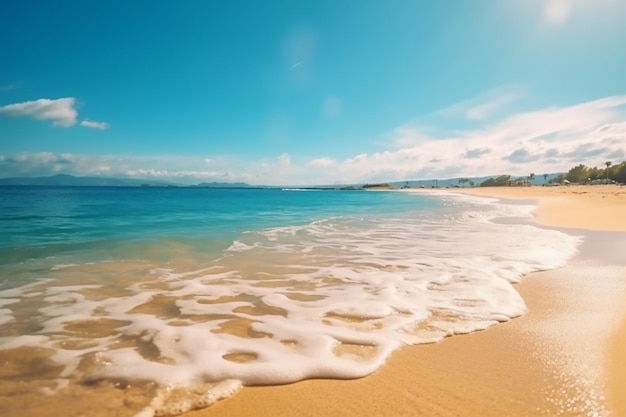 Plaża z błękitnym niebem i oceanem w tle