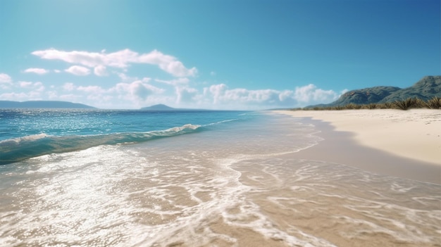 Plaża z błękitnym niebem i spacerująca po niej para