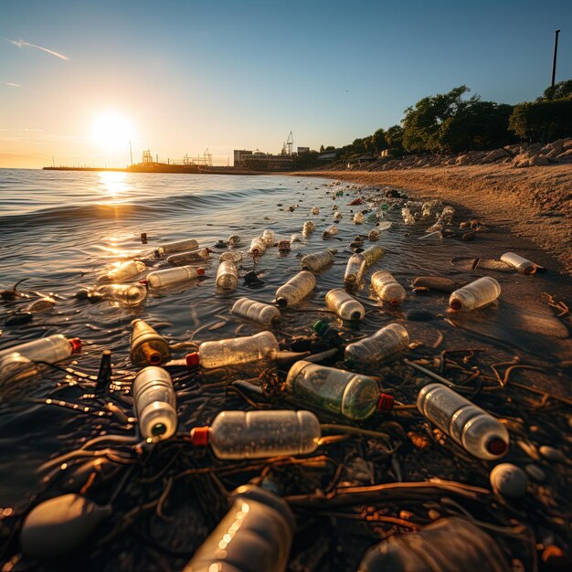 Plaża z butelkami i plażą, a za nimi zachodzi słońce.