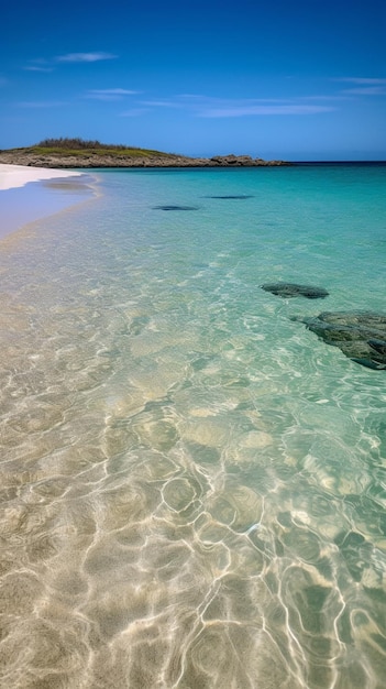 Plaża z czystą wodą i białą piaszczystą plażą oraz błękitnym niebem