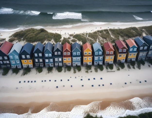Zdjęcie plaża z domami na piasku i oceanem na tle