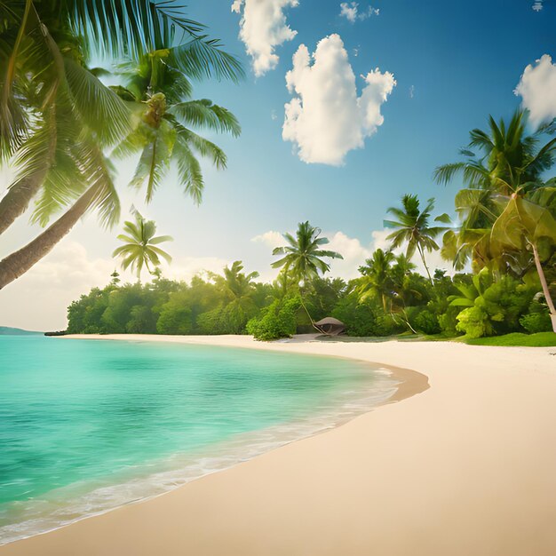 plaża z drzewami palmowymi i domem na plaży