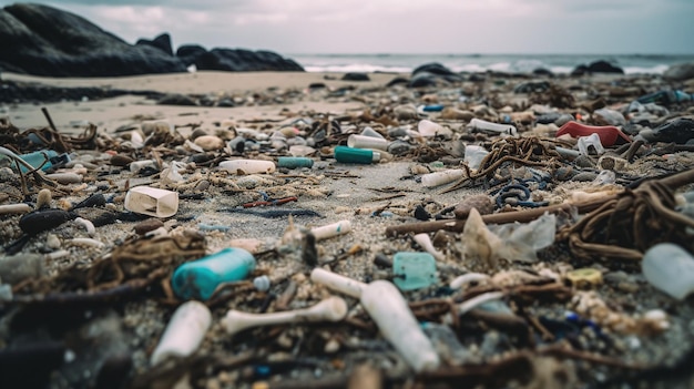 Plaża z dużą ilością plastiku i butelek