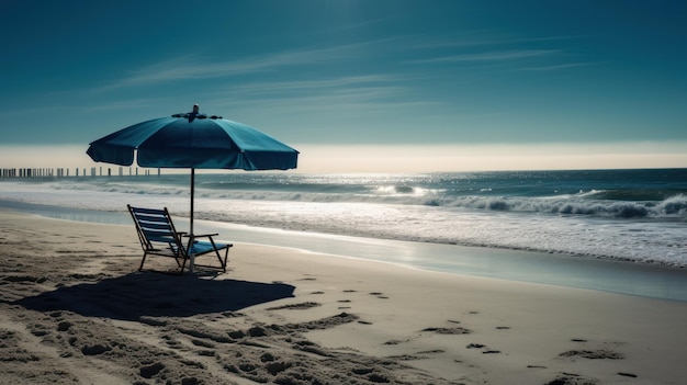 Plaża z dwoma leżakami i parasolem na niej