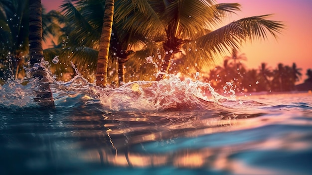 Plaża z falami i drzewami kokosowymi o zachodzie słońca