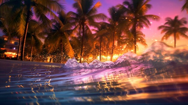 Zdjęcie plaża z falami i drzewami kokosowymi przy zachodzie słońca