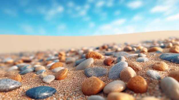 Plaża z kamykami i niebieskim niebem