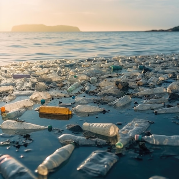 Plaża z mnóstwem plastikowych butelek i zachodem słońca w tle.