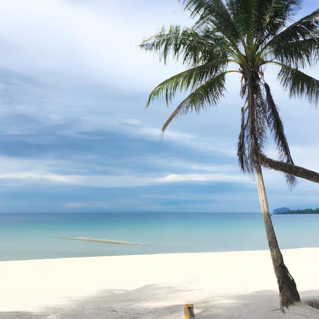 Plaża z palmą i błękitne niebo z chmurami