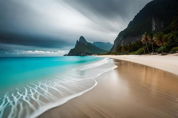 Plaża z palmą na piasku i oceanem w tle