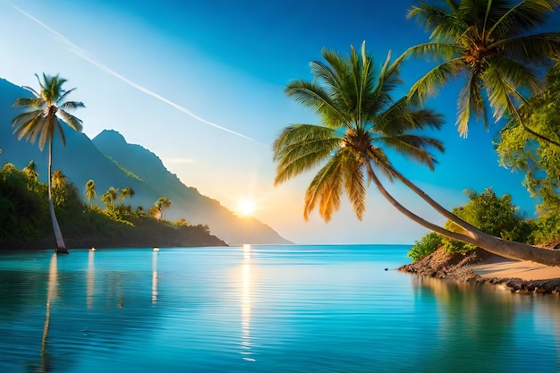 Plaża z palmami i górami w tle