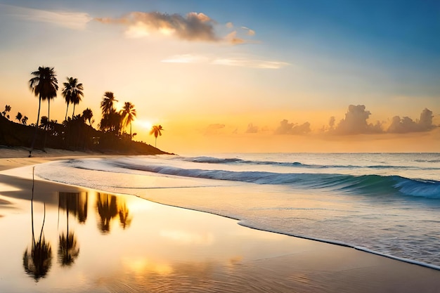 Plaża z palmami i słońcem zachodzącym nad oceanem