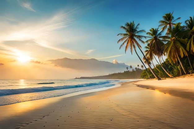 Plaża z palmami i zachodem słońca