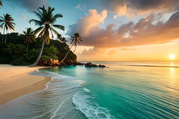 Plaża z palmami i zachodem słońca