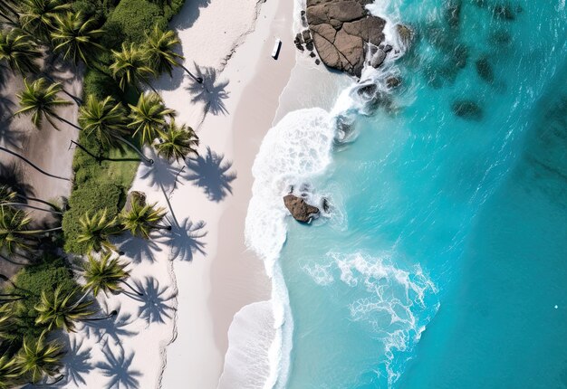 Plaża z palmami na brzegu w stylu birdseyeview turkusowy i biały widok samolotu