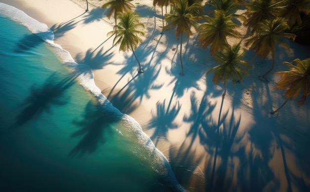 Plaża z palmami na brzegu w stylu lotu ptaka Turkusowy i biały widok z samolotu na zdjęciach lotniczych z plaży