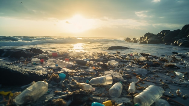 plaża z plastikowymi butelkami i innymi śmieciami