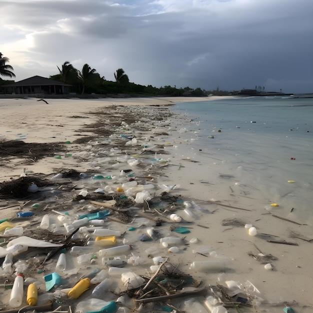 Plaża z plastikowymi butelkami i śmieciami.